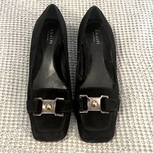 Amalfi Rangoni Vintage Black Suede Leather Square Toe Heeled Loafer Shoes Italy